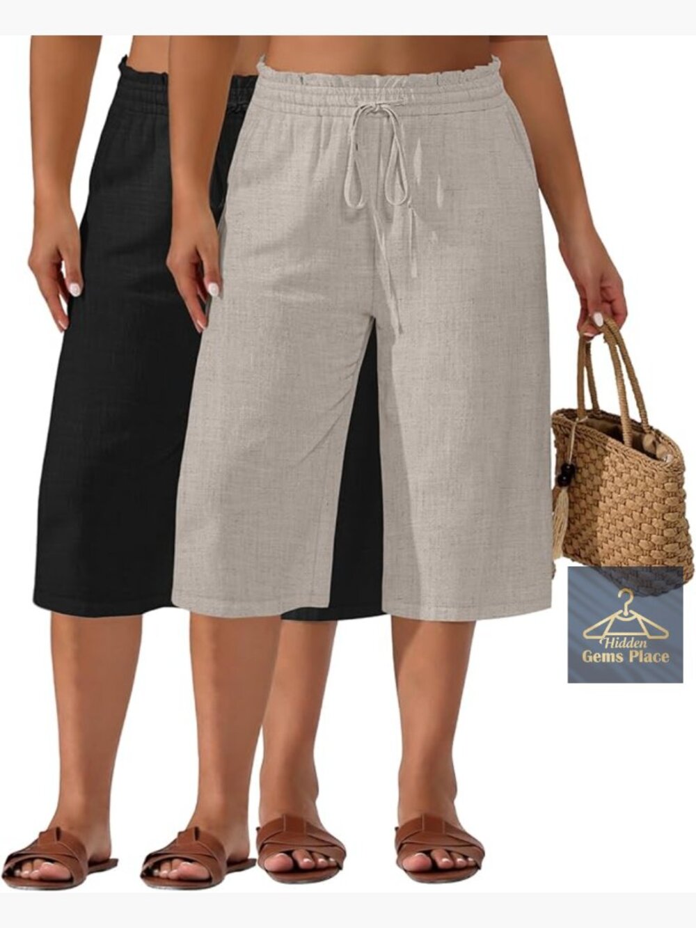 2pk Plus Size Linen Capris Wide Leg High Waisted Drawstring Cropped Pants
